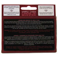 Back of We've Never game box showing sample cards and bilingual game instructions
