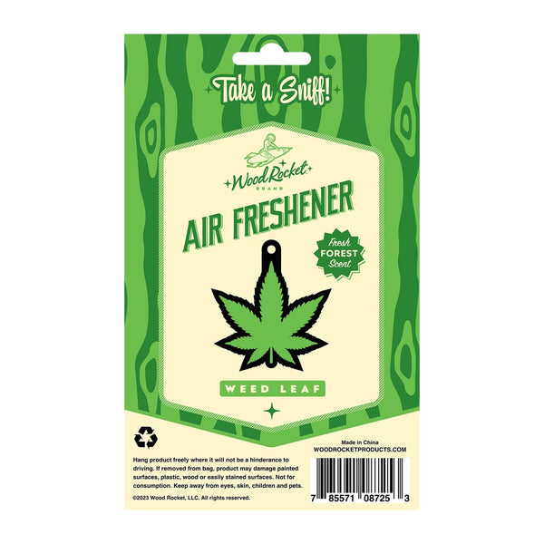 Back of Wood Rocket air freshener package showing usage instructions and weed leaf design