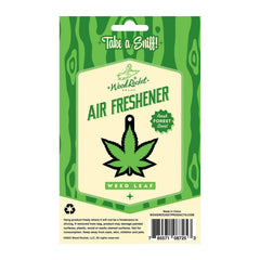 Back of Wood Rocket air freshener package showing usage instructions and weed leaf design