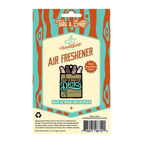 Back of Wood Rocket air freshener packaging displaying usage instructions and banana scent label