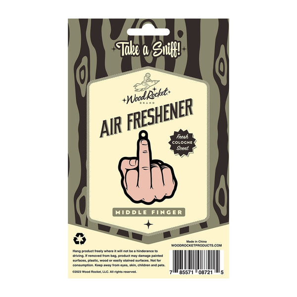 Back of Wood Rocket middle finger air freshener package showing usage instructions and cologne scent detail