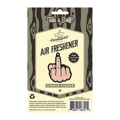 Back of Wood Rocket middle finger air freshener package showing usage instructions and cologne scent detail
