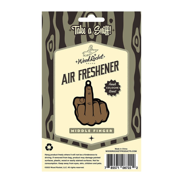 Back of Wood Rocket middle finger air freshener packaging showing usage instructions and barcode