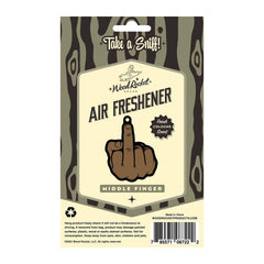 Back of Wood Rocket middle finger air freshener packaging showing usage instructions and barcode