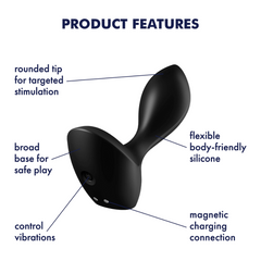 Backdoor Lover plug vibrator feature diagram: rounded tip, broad base, magnetic charging, silicone