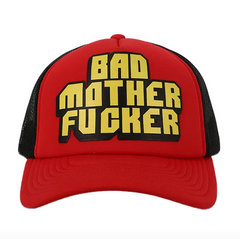 Bad Mother Fucker trucker hat front view with bold yellow rubberized patch on red foam front