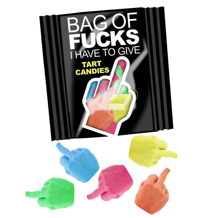 Bag of Fucks I Have to Give tart candies packet with colorful hand-shaped novelty sweets displayed in front