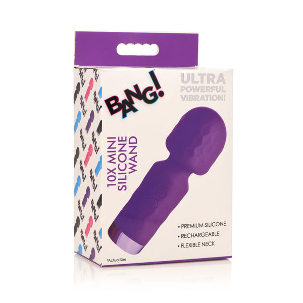 Bang 10X Mini Silicone Wand in retail box showing premium silicone, rechargeable, flexible neck