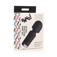 Bang 10X Mini Silicone Wand retail packaging listing premium silicone and flexible neck