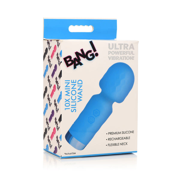 Bang! 10X Mini Silicone Wand in retail packaging noting premium silicone, rechargeable, flexible neck