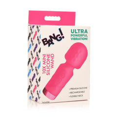 Bang 10X Mini Silicone Wand in retail packaging showing product size, features, and pink color