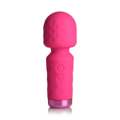 Bang 10X Mini Silicone Wand standing upright, pink with textured head and two control buttons
