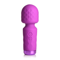Bang 10X Mini Silicone Wand upright, displaying textured head and two hex control buttons