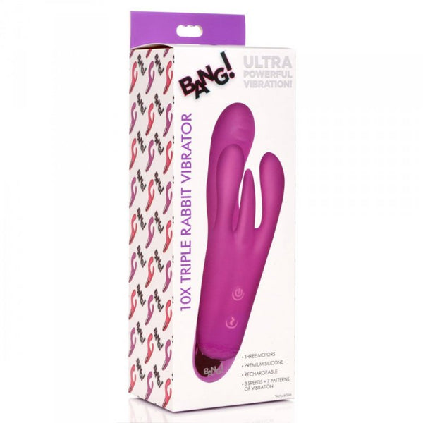 Bang! 10X Triple Rabbit Vibrator in retail box listing three motors and patterns
