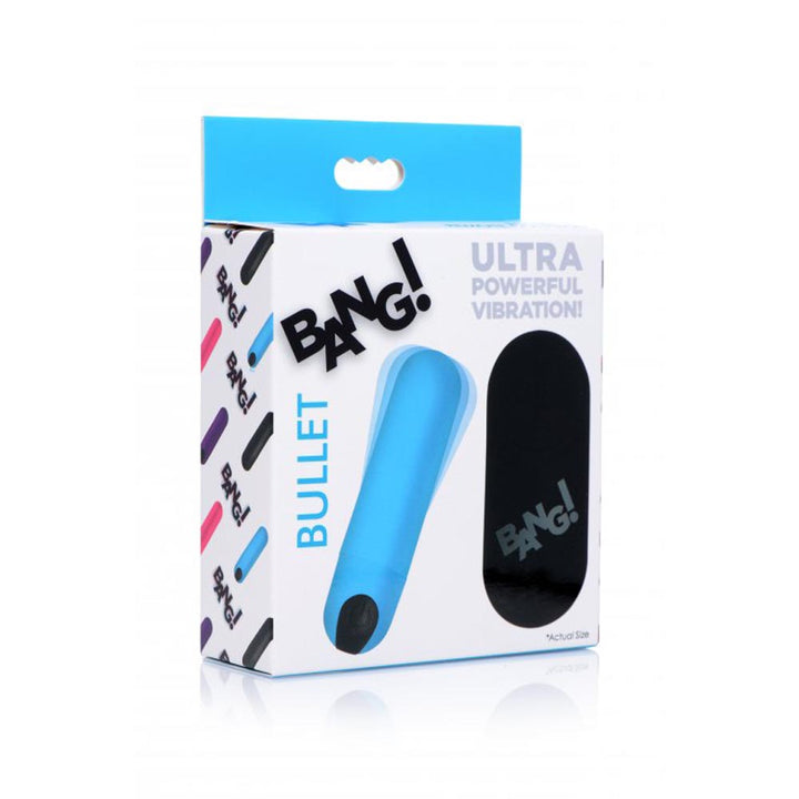 Bang! 21X Remote-Controlled Bullet Vibrator in blue with black remote, shown in retail box