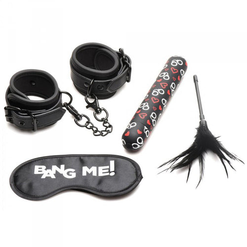 Bang! Bondage Kit flat lay: wrist cuffs, blindfold, XL bullet vibrator, and feather tickler