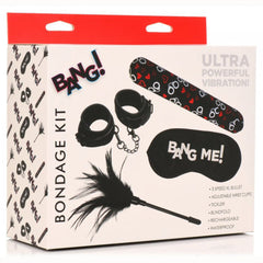 Bang! Bondage Kit retail packaging showing all four included accessories with feature bullet points