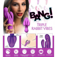 Bang! Triple Rabbit Vibes packaging flat lay with feature icons and motors diagram