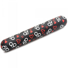 Bang! XL bullet vibrator in black with red heart and handcuff print, elongated silicone body