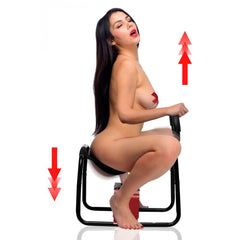 Bangin Bench EZ-Ride Sex Stool with Handles shown in use, red arrows indicating bounce motion