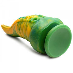 Base view of Monstropus tentacled dildo showing flat green circular suction cup for hands-free stability