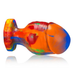 Base-up view of Oxballs HONCHO-2 medium plug showing embossed brand logo and rainbow silicone