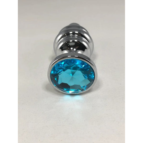 Base view of the Thread Anal Plug showing a faceted oval aqua blue crystal set in a silver base