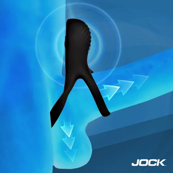 Jock Hard-On Vibrating Cock Ring with Clit Stimulator – black double ring with forward bullet