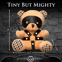 BDSM Bondage Bear plush with dimensions shown: 8.5 inches tall, 6.5 inches wide, 5.5 inches deep