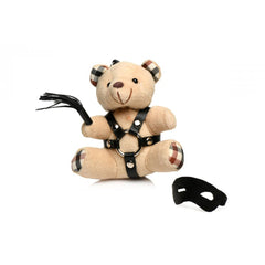 BDSM teddy bear keychain with removable black mask shown separately beside plush bear and flogger