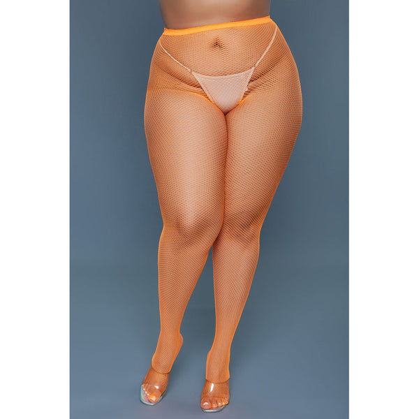 Be Wicked Up All Night orange fishnet pantyhose, front view with built-in thong lining visible