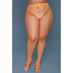 Be Wicked Up All Night orange fishnet pantyhose, front view with built-in thong lining visible