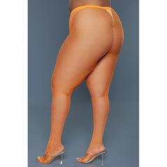 Be Wicked Up All Night Pantyhose in orange fishnet, rear three-quarter view with clear heels