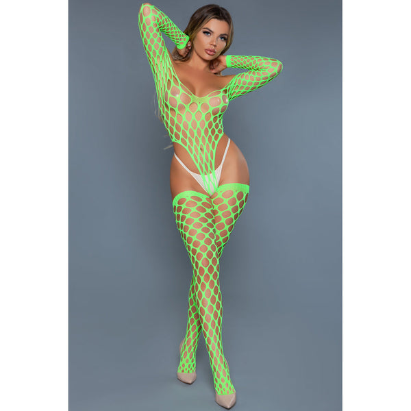 Be Wicked Alluring Fishnet Bodysuit in neon green with long sleeves and thigh-high stockings, front view
