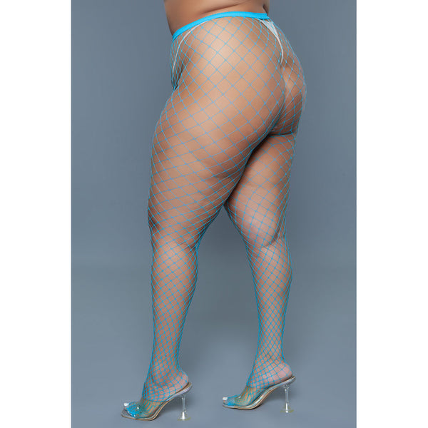 Be Wicked Can't Back Down Pantyhose in turquoise, large-grid fishnet, rear three-quarter view