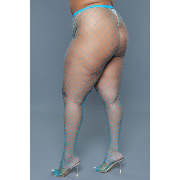 Be Wicked Can't Back Down Pantyhose in turquoise, large-grid fishnet, rear three-quarter view