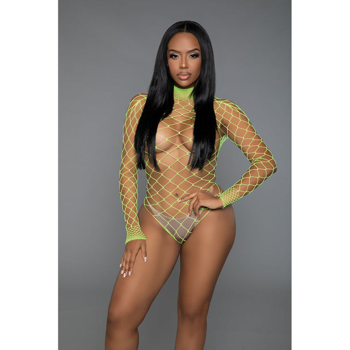 Be Wicked Dancing All Night neon green fishnet bodysuit with long sleeves and high neck, front view