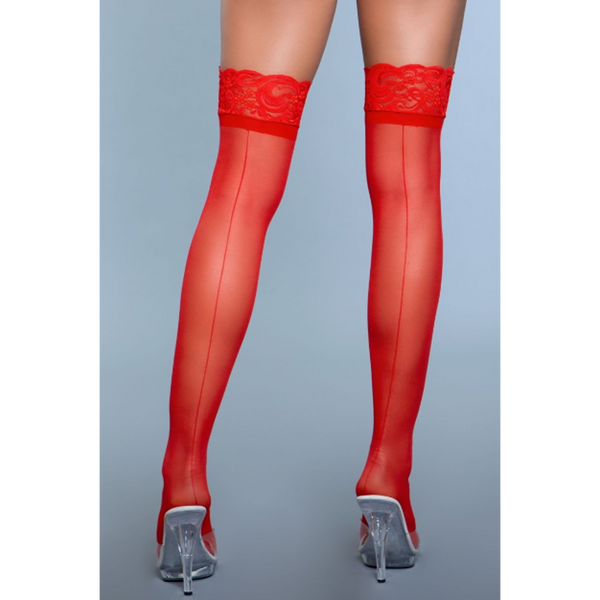 Be Wicked Keep A Secret Thigh Highs in red with lace top and back seam detail