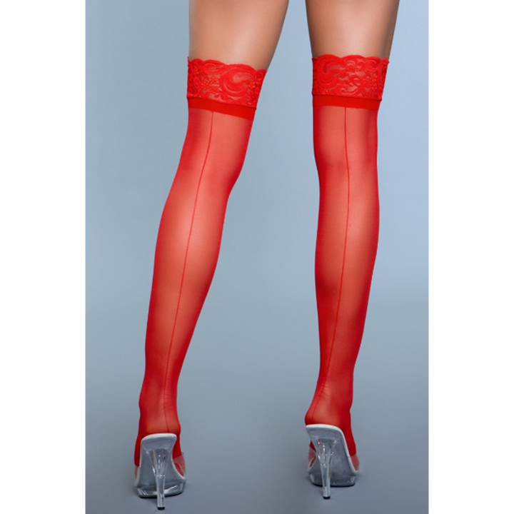 Be Wicked Keep A Secret Thigh Highs in red with lace top and back seam detail