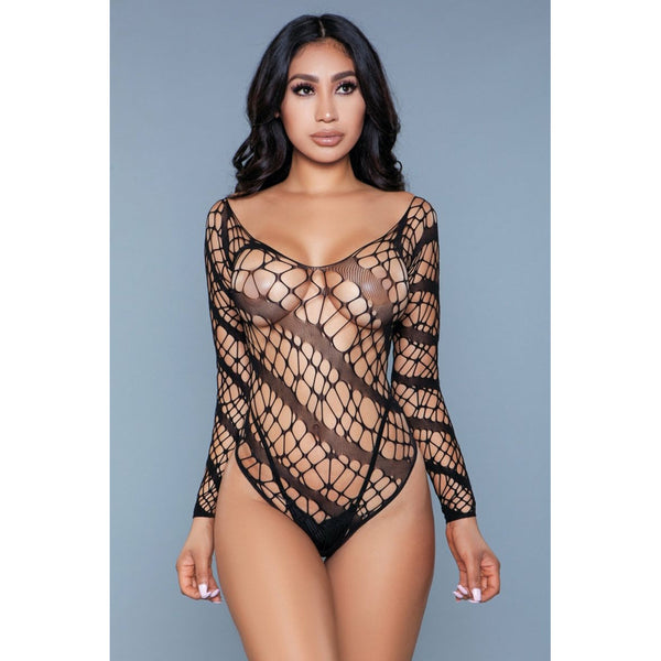 Be Wicked Let Me Love You black queen bodysuit with long sleeves and mixed fishnet lace pattern