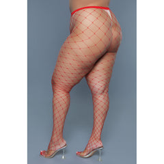 Be Wicked oversized red fishnet pantyhose, side-rear view showing wide diamond net pattern