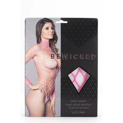 Be Wicked packaging showing Dancing All Night wide fishnet long sleeve bodysuit in hot pink