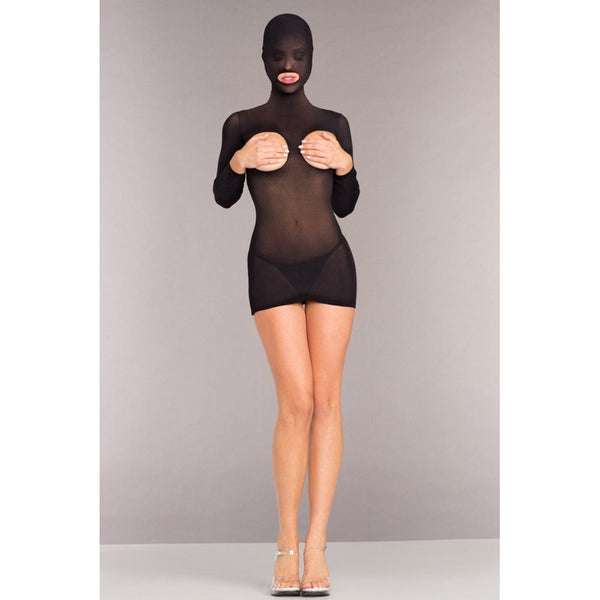Be Wicked Rough Romance Bodystocking in sheer black mesh with long sleeves and hood