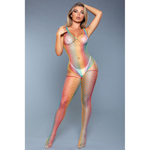 Be Wicked Sweet Revenge Bodystocking in rainbow fishnet with matching thigh-high stockings, front view