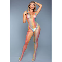 Be Wicked Sweet Revenge Bodystocking in rainbow fishnet with matching thigh-high stockings, front view