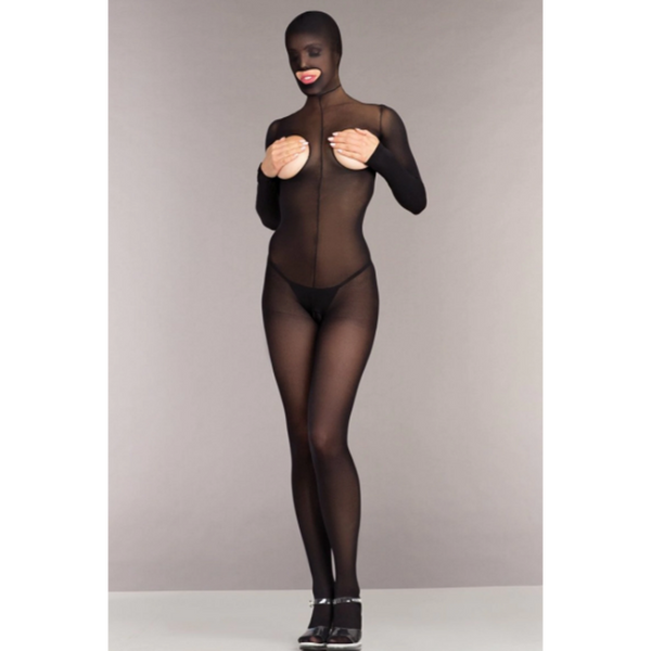 Be Wicked Tough Love Bodystocking in sheer black mesh with long sleeves and hood