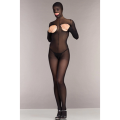 Be Wicked Tough Love Bodystocking in sheer black mesh with long sleeves and hood