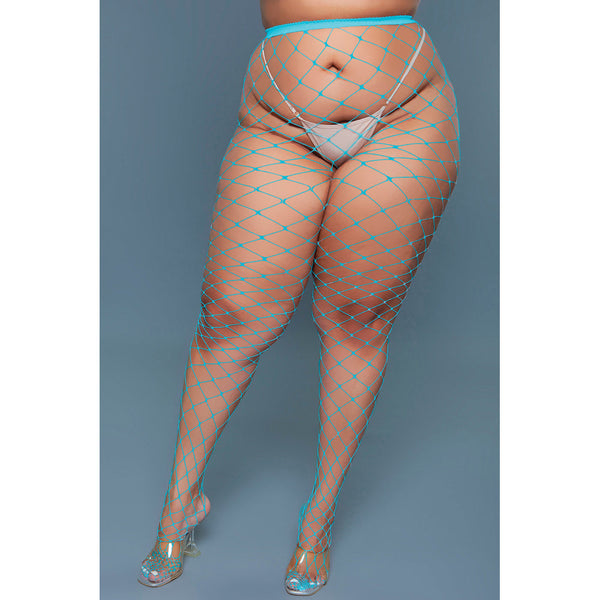 Be Wicked! turquoise fishnet pantyhose front view, wide-net design worn with clear heels on plus-size model