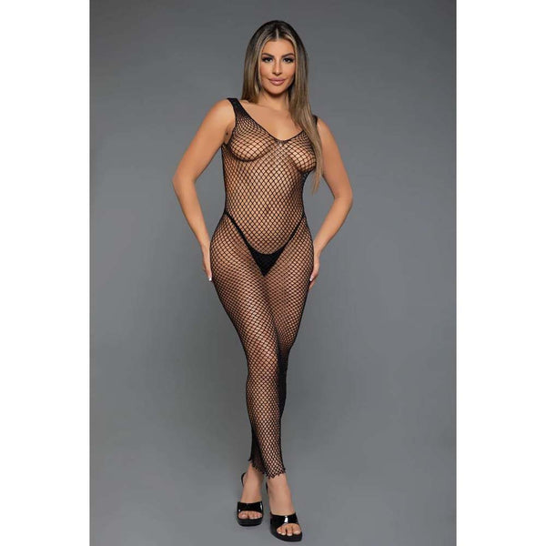 Be Wicked Unleash Me Dress in black fishnet, front view, sleeveless full-length bodystocking