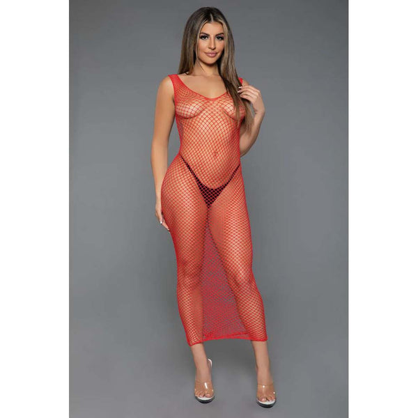 Be Wicked Unleash Me Dress in red fishnet, sleeveless maxi length, front view